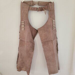 Womens L Vintage Hot Leathers Tan Leather Assless Motorcycle Chaps Beads Fringe